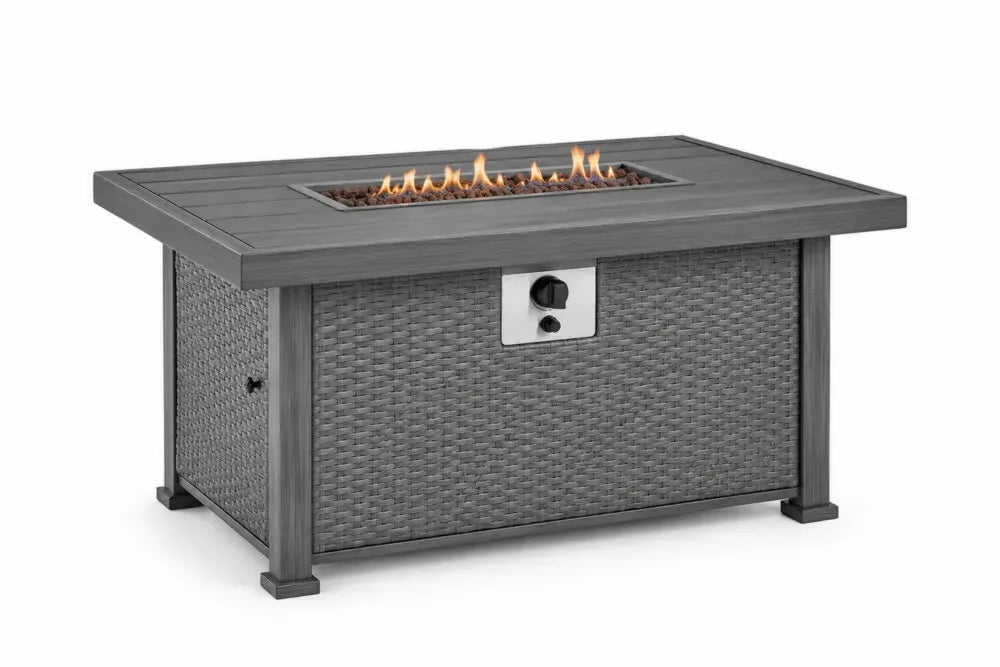 Rechteckiger Feuerstelle-Tisch aus Aluminium und PE-Rattan