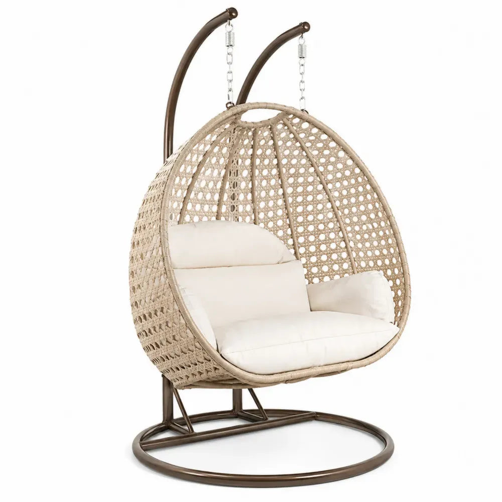 2-Sitzer Hängesessel aus Rattan Beige mit Polstern und Metallgestell
