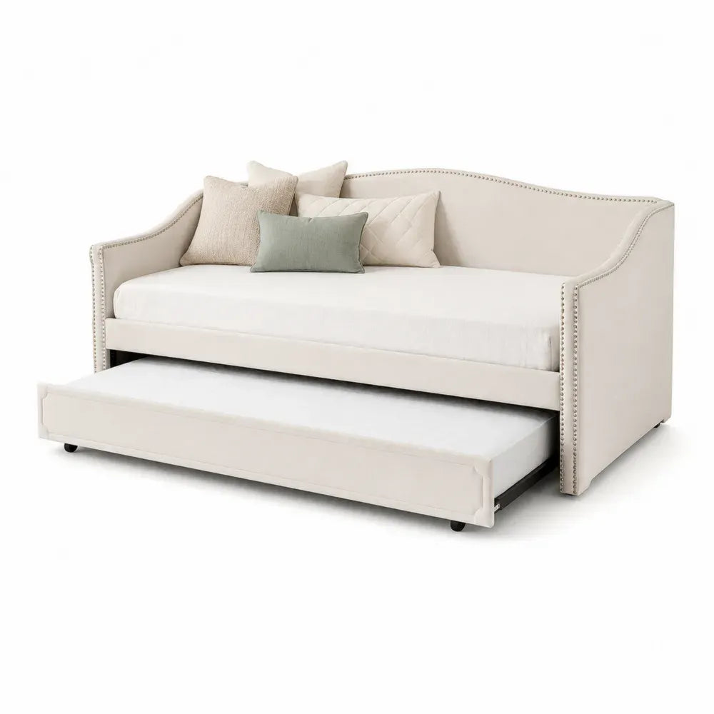 Beige Tagesbett mit ausziehbarem Bett, Stoffpolsterung