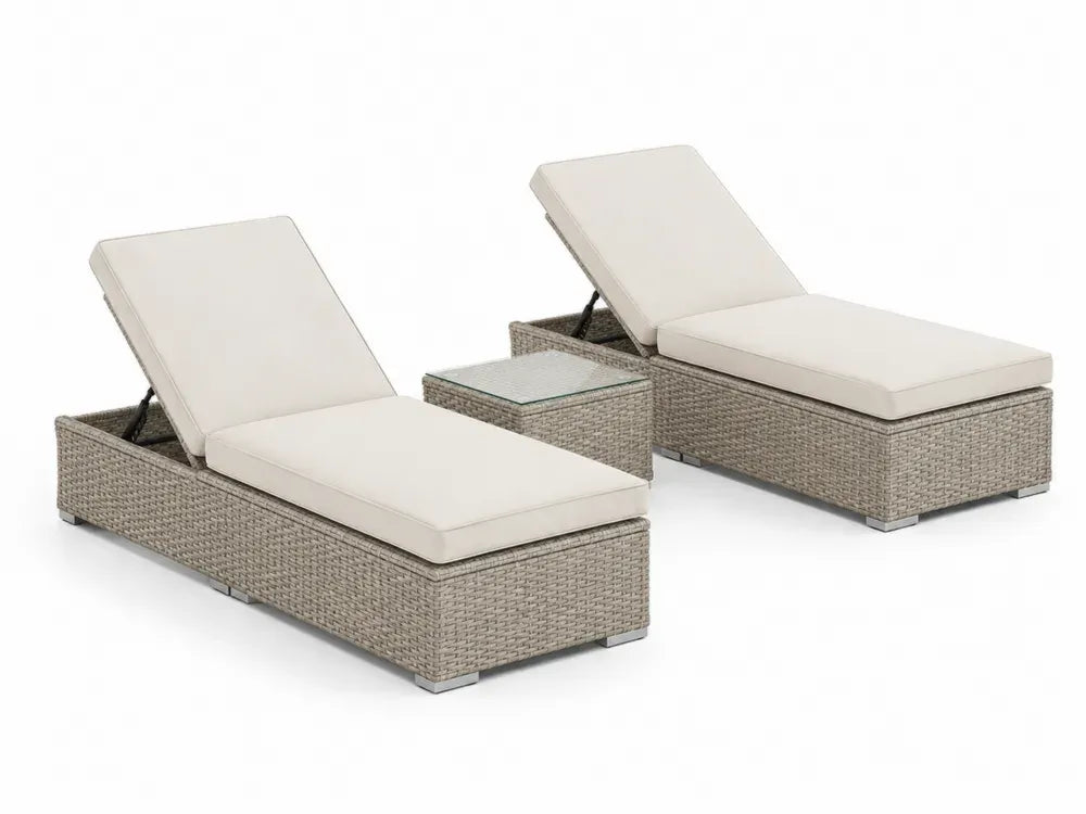 Polyrattan Gartenliegen Set Beige mit Tisch und Glasplatte