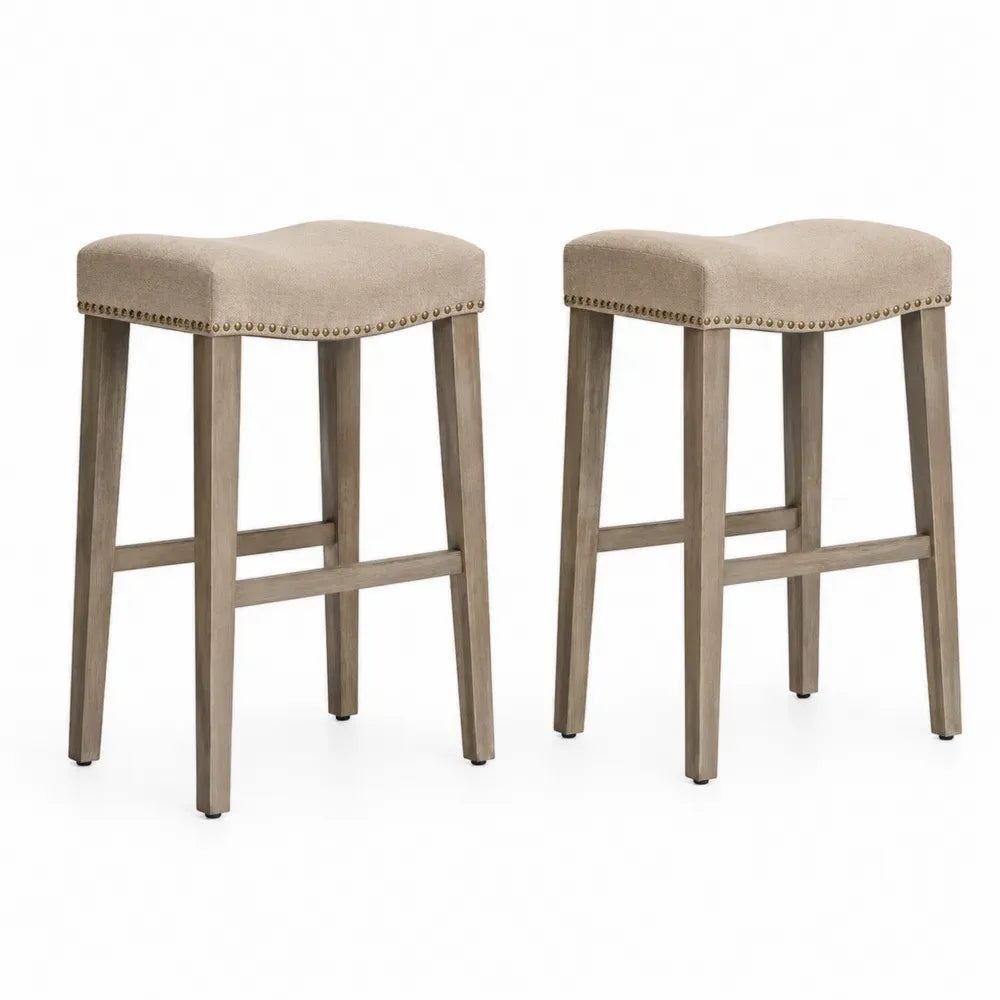 2er Set Barhocker mit Holzbeinen und Leinen Sitz Beige 76 cm