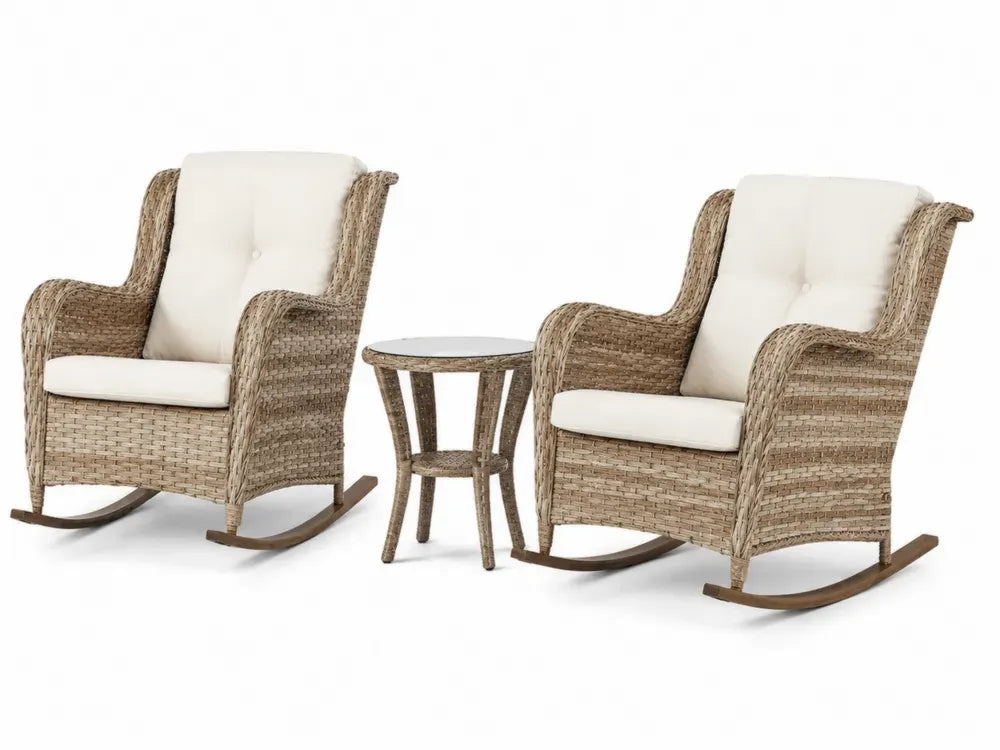 3-teiliges Rattan-Gartenmöbel-Set mit cremefarbenen Kissen