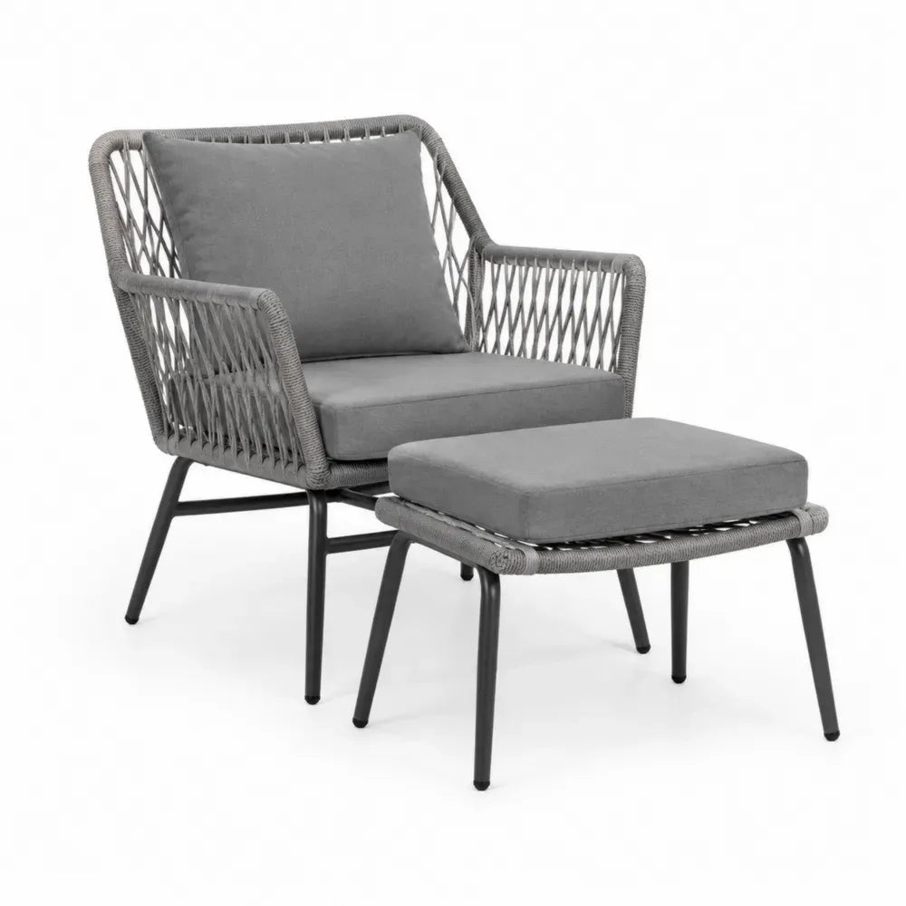 Gartenstuhl Set mit Fußhocker aus Stahl und Polyestergarn, Grau