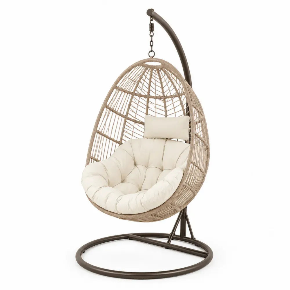 Hängesessel mit Gestell aus Stahl und Rattan, Beige